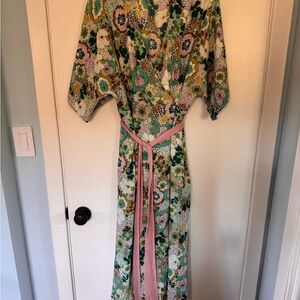 Unique Vintage Mint Green & Pink Floral Wrap Kimono Midi Dress